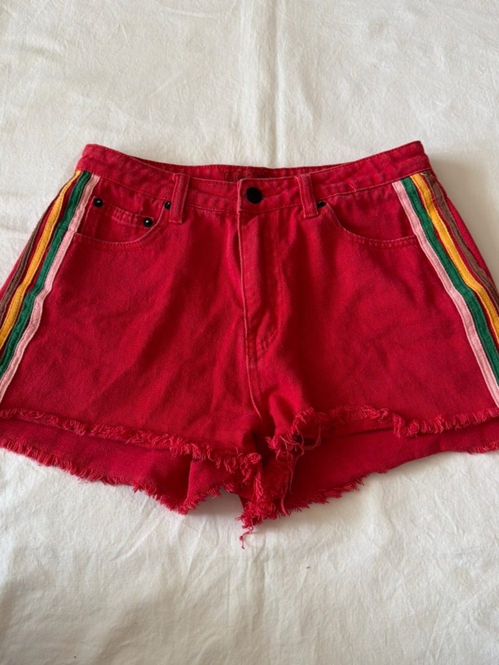 Signature8 Red Denim Shorts with Rainbow Side Stripes
